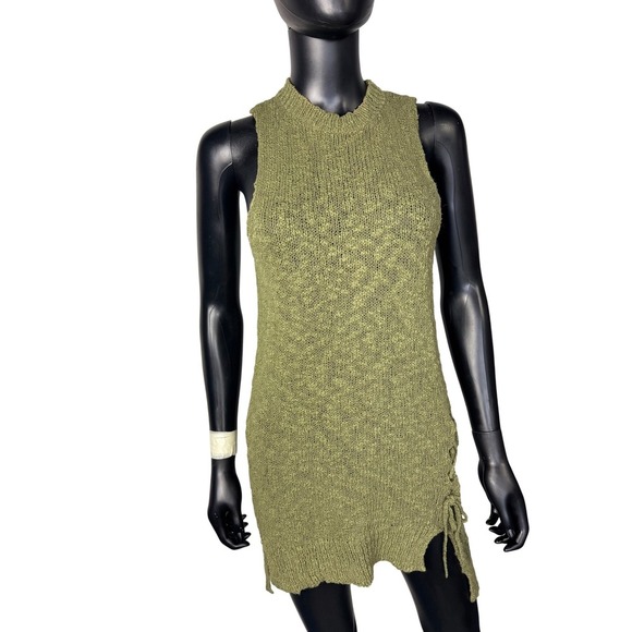 Sun shadow Sleeveless Knit Sweater Dress Olive Green Lace Up Side Detail Casual - Picture 1 of 8